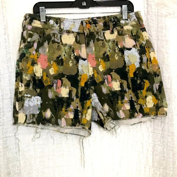 Anthropologie Abstract High Waist Shorts - Olive and Pink - Picture 1 of 8
